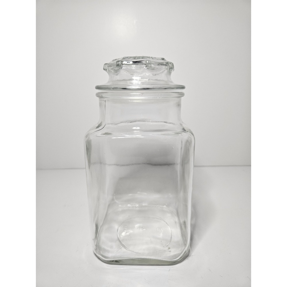 Anchor Hocking Clear Glass Apothecary Jar 9" Square Canister Candy Lid Vintage